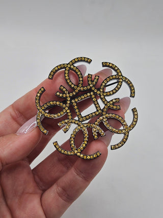 Chanel Black-tone Yellow Strass Interlocking CC Logo Brooch