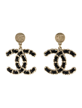 Chanel Gold-tone 2025 Leather Interlocking CC Drop Earrings