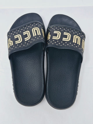 Gucci Black rubber Gold-tone logo printed pool slides 37 sz