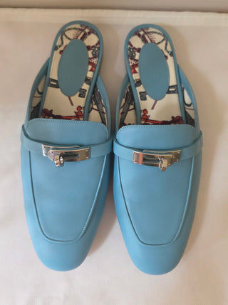 Hermes Ciel Blue Calfskin Leather Palladium Plated Oz Mules 38.5 sz