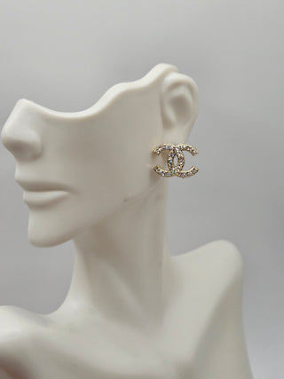 Chanel Gold-tone Strass Interlocking CC Stud Earrings