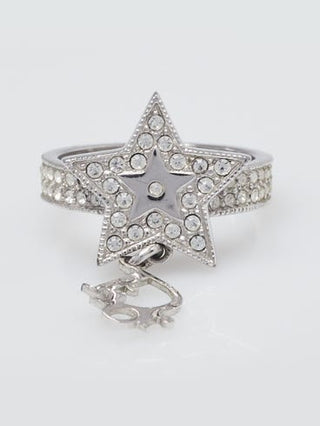 CHRISTIAN DIOR Silvertone Metal/Crystal Star Cocktail Ring Size 5