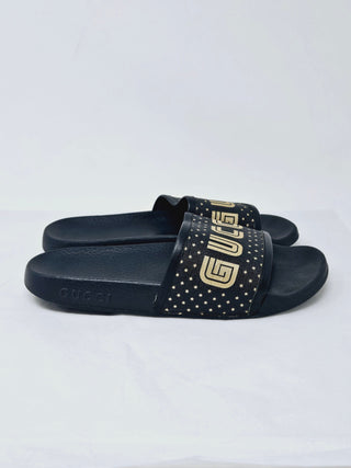 Gucci Black rubber Gold-tone logo printed pool slides 37 sz