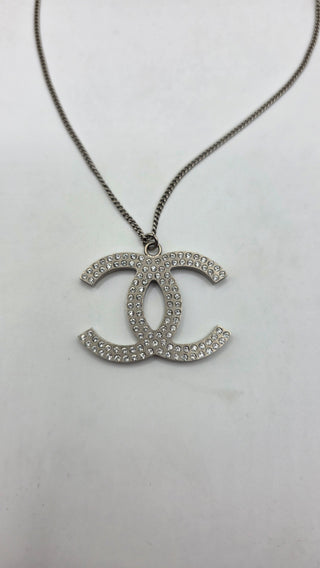 Chanel Silver-tone Strass Interlocking Oversized CC Pendant Necklace