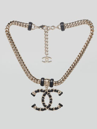 Chanel Gold Metal Black Leather Interlocking CC Logo Chain Link Choker Necklace