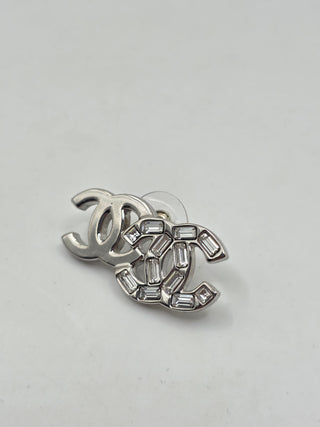 Chanel Silver-tone 2022 Strass Interlocking CC Mismatched Stud Earrings