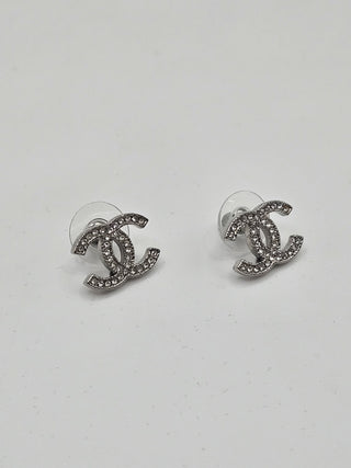 Chanel Silver-tone Strass Interlocking CC Stud Earrings