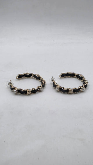 Chanel 2019 Faux Pearl Leather Interlocking CC Hoop Earrings