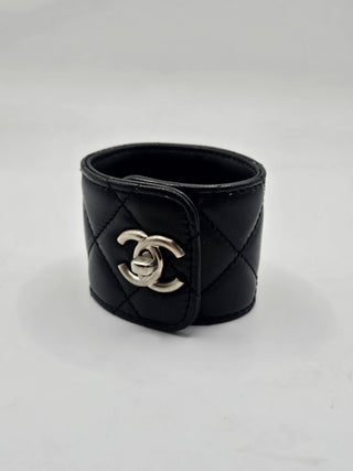 Chanel Black Leather Quilted CC Turnlock Wide Bracelet