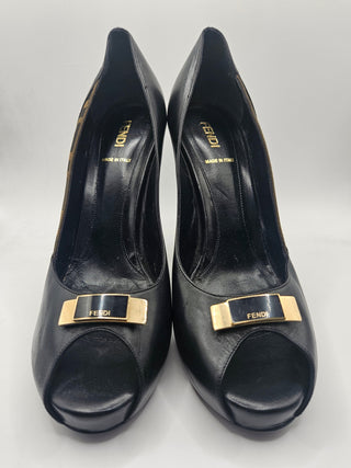 Fendi Black Leather Zucca FF Logo Peep-toe Pumps 40 sz