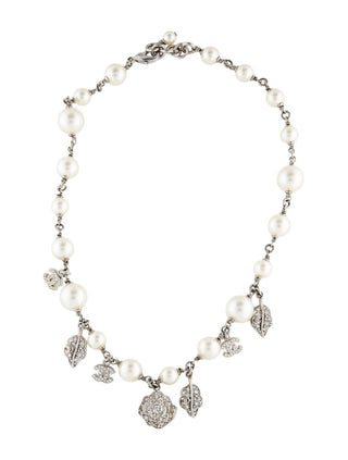 Chanel Faux Pearl Strass Interlocking CC Silver-tone Charm Necklace