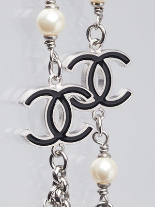 Chanel Silver-tone Black White Bead Glass Pearl Interlocking CC Long Necklace