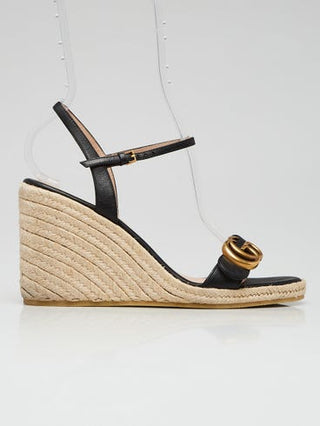 Gucci Black Leather GG Raffia Wedges 37 sz