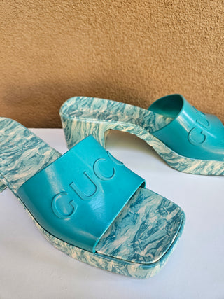 Gucci Blue Multicolor Rubber Logo Printed Platform Slides 38 sz