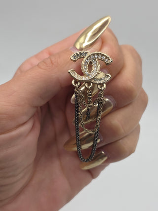 Chanel Gold-tone Strass Interlocking CC Chain Drop Earrings