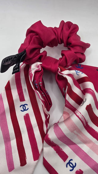 Chanel Pink White Interlocking CC 2024 Silk Bow Scrunchie