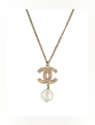 Chanel Gold-tone Faux Pearl Interlocking CC Pendant Necklace
