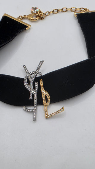 Yves Saint Laurent Black Velvet Crystal Two Tone YSL Metal Logo Choker Necklace