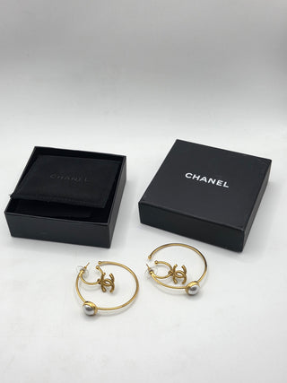 Chanel Gold-tone 2020 Faux Pearl Interlocking Hoop Earrings