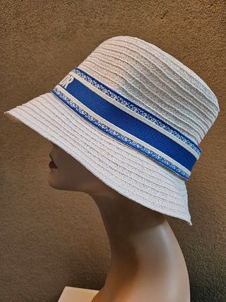 White woven blue white logo printed bucket hat M sz