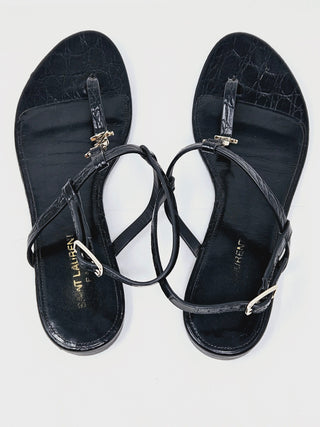 Sexy SAINT LAURENT Black leather Cassandra T-Strap Sandals 38 EU