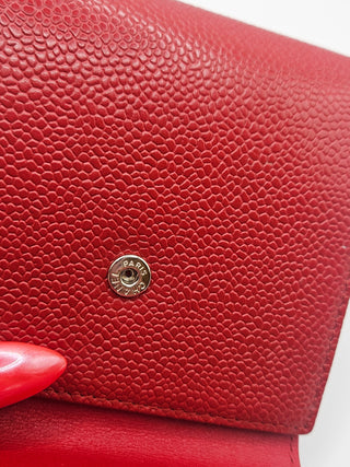 CHANEL Red Caviar Leather CC Compact French Purse Wallet