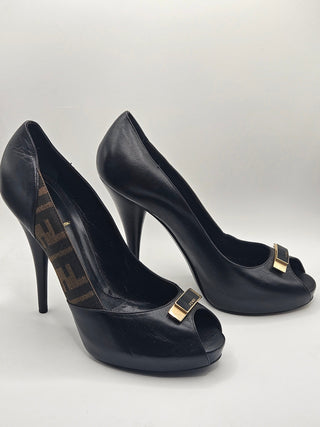 Fendi Black Leather Zucca FF Logo Peep-toe Pumps 40 sz