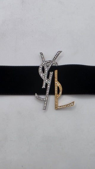 Yves Saint Laurent Black Velvet Crystal Two Tone YSL Metal Logo Choker Necklace