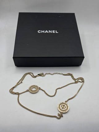 Chanel Gold-tone Faux Pearl Strass Interlocking CC Pendant Necklace