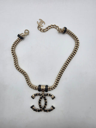 Chanel Gold Metal Black Leather Interlocking CC Logo Chain Link Choker Necklace
