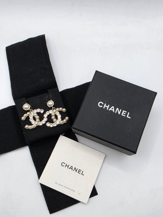 Chanel Gold-tone Faux Pearl Strass Interlocking CC Drop Earrings