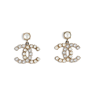 Chanel Gold-tone Faux Pearl Strass Interlocking CC Drop Earrings