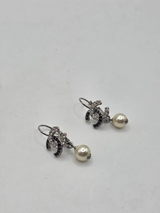Chanel Silver-tone Faux Pearl Strass Interlocking CC Drop Earrings