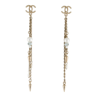 Chanel Gold-tone Faux Pearl Bead CC Drop Earrings