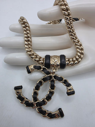 Chanel Gold Metal Black Leather Interlocking CC Logo Chain Link Choker Necklace