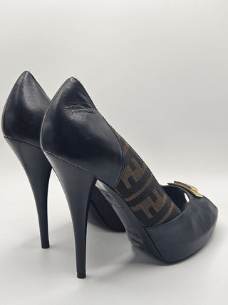 Fendi Black Leather Zucca FF Logo Peep-toe Pumps 40 sz