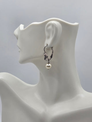 Chanel Silver-tone Faux Pearl Strass Interlocking CC Drop Earrings