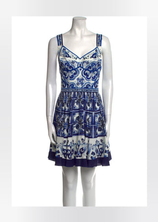 Dolce & Gabbana White Blue Printed Silk Mini Dress 44 sz NWT