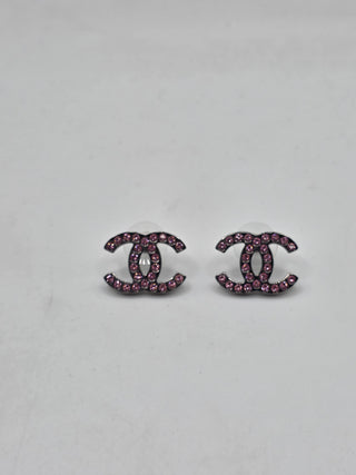 Chanel Silver-tone Pink Strass Interlocking CC Stud Earrings