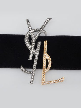 Yves Saint Laurent Black Velvet Crystal Two Tone YSL Metal Logo Choker Necklace