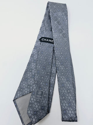 CHANEL Metallic Grey Camellia CC logo Silk Tie