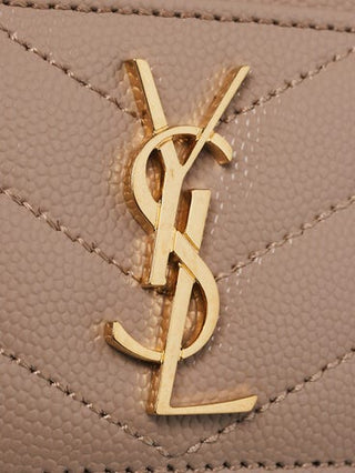 Yves Saint Laurent Beige Grained Chevron Quilted Leather Card Holder