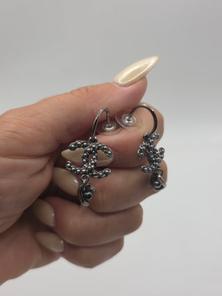 Chanel Silver-tone Ruthenium Metal CC Faux Pearl Drop Earrings