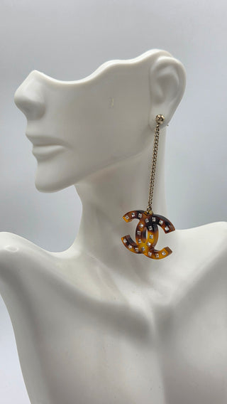 Chanel Gold-tone Brown Resin Strass CC Drop Earrings