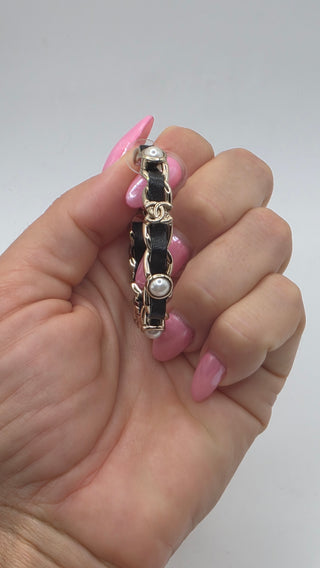 Chanel 2019 Faux Pearl Leather Interlocking CC Hoop Earrings
