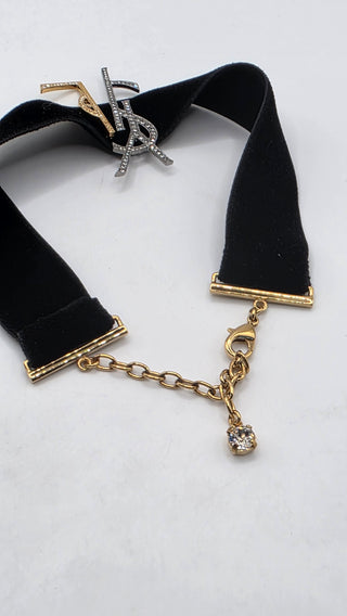 Yves Saint Laurent Black Velvet Crystal Two Tone YSL Metal Logo Choker Necklace