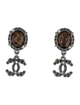 Chanel Resin Strass Silver-tone Interlocking CC Clip On Drop Earrings