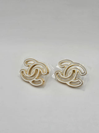 Chanel 2024 Gold-tone white Enamel Interlocking CC logo stud earrings