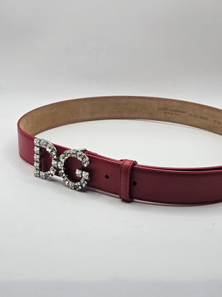 Dolce & Gabbana Red Leather Skinny Crystal D&G Logo Belt M sz