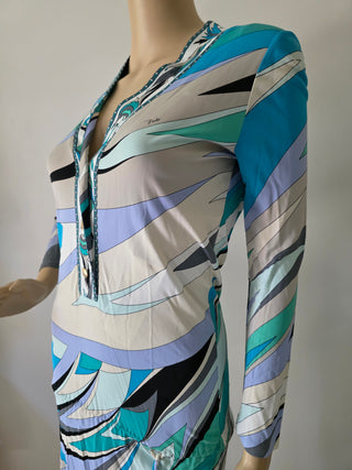 Emilio Pucci Blue Multicolor Signature Print V-Neck Blouse 6 sz